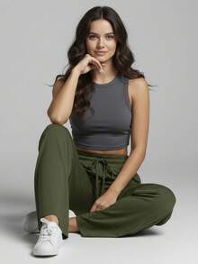 Comfortable Women's Wide-Leg Sweatpants, Soft, Structured Fit, Casual, Basic, Plain, With A Faux Drawstring. - Army Green - View 8
