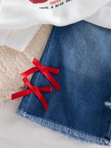 Autumn/Winter Baby Girl Outfit Set & Cute Stylish Cherry Print Cap Sleeve Sweatshirt & Bow Trim Flared Denim Jeans Commute/Outing Set - White - View 4