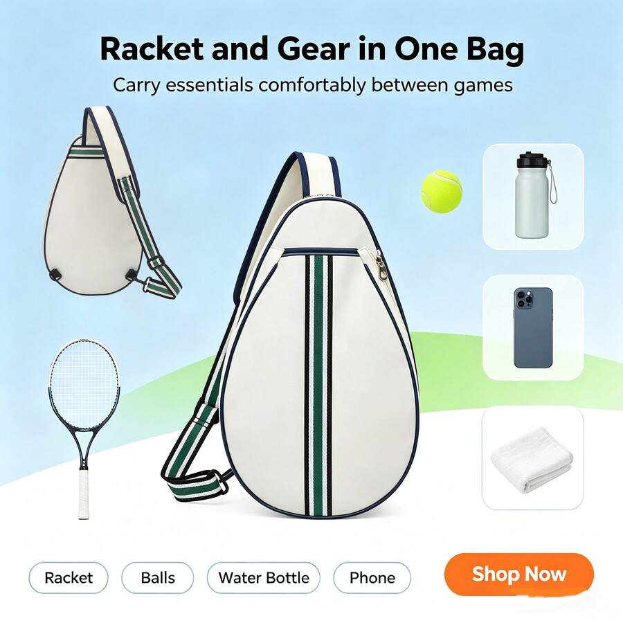 Badminton Tennis Racket Bag Crossbody Sling Backpack, Versatile Sport Bag With 900D Scratch-Resistant Fabric, Two-Way Zipper, Adjustable Removable Strap, Main Compartment With Mesh Pocket & Front Pouch For Tennis & Badminton Rackets