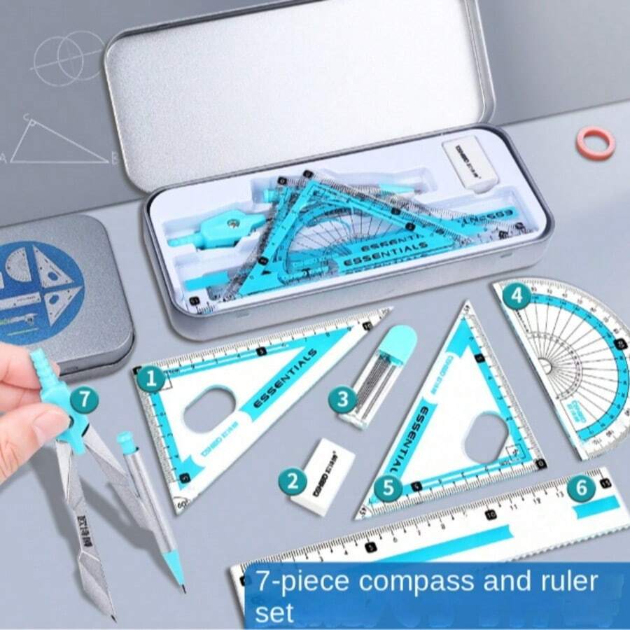 Juego de Brújula en Caja de Hierro, Juego de 7 Piezas de Reglas para Dibujo y Pintura de Estudiantes, Papelería para Exámenes y Aprendizaje, Herramientas de Dibujo y Medición, Herramientas de Dibujo Geométrico, Herramientas de Medición de Ángulos, Multiusos - Juego de reglas y escuadras (7 piezas) - Ver 1