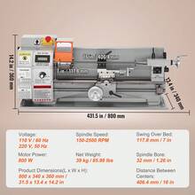 Compact Metal Lathe, 7'' X 16'', 800W, Precision Desktop Metalworking Lathe, Variable Speed 150-2500 RPM, Includes 3.9'' 3-Jaw Chuck & Tool Box For Detailed Part Crafting - 7" X 16", 800W - View 11