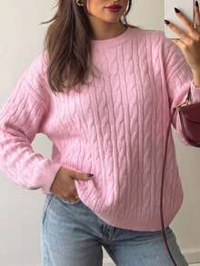 Women's Solid Color Ribbed Cable Knit Sweater For Daily Wear In Spring And Autumn - Pink - View 1