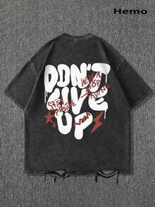 Hemo, Letter Print Men's Fashion Versatile Top, Streetwear Vintage Distressed Crew Neck Short Sleeve Washed T-Shirt - Black - View 2