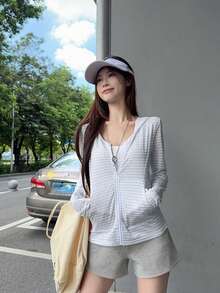 Women's Slouchy Striped Zipper Long Sleeve Hooded Cover Up Jacket, Summer Versatile Casual Sun Protection Cover-Up Top - Sky Blue - View 6