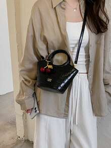 New Solid Color PU Fabric Crocodile Embossed Mini Handbag For Women, Vintage Round Handle With Cherry Charm, Fashionable Sweet Shoulder Crossbody Bag - A - View 7