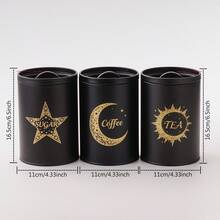 Vintage Golden Sun Moon Star Printed Metal Storage Canisters, 3 Pieces Airtight Tea Coffee Sugar Jars, Decorative Kitchen Pantry Food Storage Containers For Countertop - Black - View 13