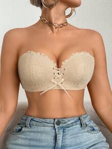 mimilemon Women's Beige Lace Strapless Wire-Free Bra - Drawstring Push-Up Design, Breathable And Comfortable, Suitable For Vacation Wear - Beige - View 9