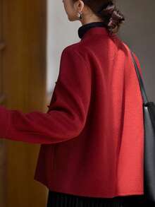 New Chinese Folk Style Women's Short Jacket, Autumn/Winter Outfit, Minimalist Fashion, Versatile For Moms, Thickened Wool Coat - Burgundy - View 2