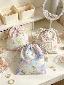 Cute Floral Drawstring Bag, Portable Mini Cosmetic Bag, Jewelry, Headphones, Dust-Proof Storage Bag, Portable Miscellaneous Organizer Bag - Multicolor - View 7