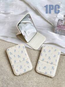 Espelho de Maquiagem com Padrão Floral Azul Claro - Dobrável, Item de Mesa, Adequado para Uso em Dormitório de Estudantes; Design Anti-Queda, Mini Portátil com Suporte, Atende às Necessidades de Viagem e Diárias; Espelho de Maquiagem Retangular Simples de Mesa, Compacto e Dobrável. - Multicolorido - Visão 2