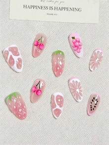 10pcs Medium Almond-Shaped Press-On Nail Set, Cute 3D Pink Fruit Strawberry, Cherry, Grape, Lemon And Water Drop Fake Nails, Japanese Sweet Summer Style, Suitable For Women And Girls Beach Vacation Outfit - Multicolor - View 6
