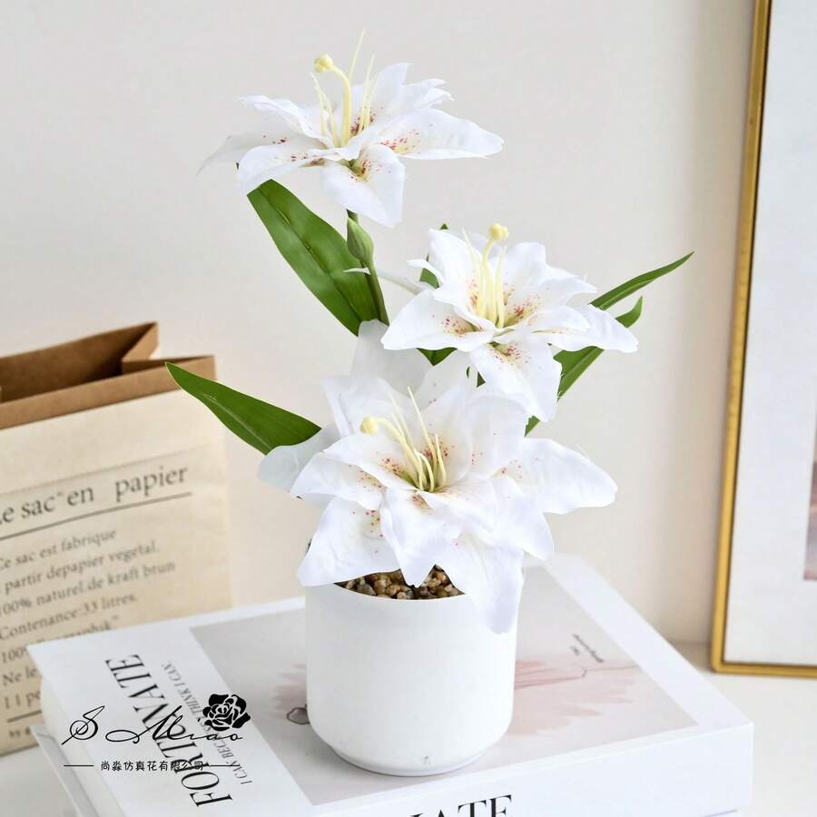 3-hövdad orientalisk lilja mini bonsai konstgjord blomdekoration för inomhusbruk, vardagsrum, skrivbord och fotograferingsrekvisita
