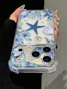 Ocean Blue Starfish Lily Shell Pattern Fresh Summer Transparent Four-Corner Shockproof Phone Case, Airbag Anti-Drop Soft Shell, Compatible With Apple 17 Pro Max/17 Pro/17/16 Pro Max/16 Pro/16/15 Pro Max/15 Pro/15 Plus/15/14 Pro Max/14 Plus/14/13 Pro Max/13 Pro/13 Mini/13/12 Pro Max/12 Pro/12 Mini/12/11/7/8 Beach Vacation Gift Summer Beach Girls Gift - Clear - View 5