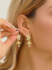 1 Pair Luxury Jhumka Elegant Zirconia Leaf Earrings Fashion Design Bell Earrings Glamorous Bollywood Jhumki, Suitable For Women, Girls Daily, Festival, Wedding And Party Wear/Jewelry Gift - Classic - View 3