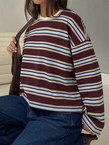 SDNGED Women's Casual Top, Striped Color Block Ribbed Fabric, Everyday Wear, Spring/Autumn - Blue-brown Wide Stripes - View 6