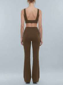 NcmRyu Women's One Set Solid Color Twist Front Deep V-Neck Backless Bra & V-Shape Ruched High Waist Flare Pants Set - Coffee Brown - View 3