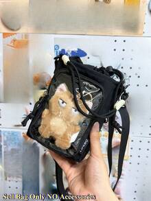 Tas Ita Mini Kawaii dengan Penutup Tali Serut, Bagian Depan Transparan, Tas Botol Air dengan Panel Sisipan, Pegangan yang Dapat Dilepas, Tas Selempang Kecil, Tas Tangan Lucu, Tas Jinjing - Hitam - View 2