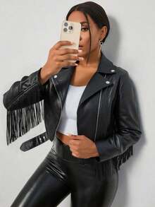 Jaket Kulit Imitasi Pendek Berumbai Gaya Retro Giolshon untuk Wanita dengan Sabuk, Cocok untuk Musim Semi, Gugur, dan Musim Dingin. - Hitam - View 3