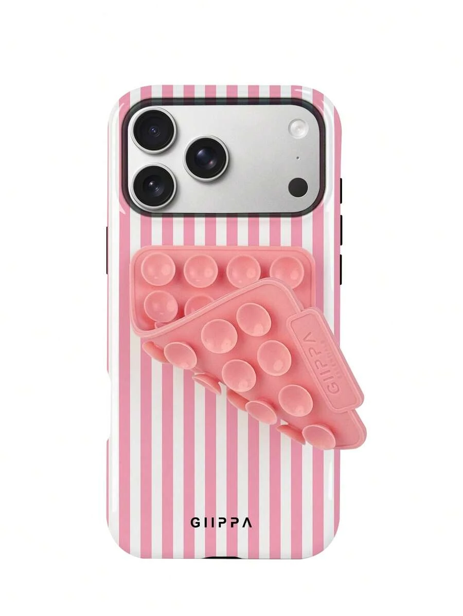 GIIPPA 1 Set Pink Striped Pattern Phone Case + Pink Suction Cup, Phone 17 Pro Max Phone Case, Compatible With Phone 16 Pro Max, 15 Pro Max, 14 Pro Max, Korean Style High-End Fashion Fun Phone Case, Compatible With 11/12/13/14/15/16 Pro Max Plus, Elegant Design Suitable For Men And Women, Perfect Gift For Girlfriend! - Pink - View 1