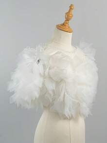 1pc Fluffy Petal Tulle Bridal Shawl, Off-Shoulder Mesh Cape, Wedding Photography Evening Dress Ruffle Short Shawl, Bridal Gown Decorative Accessory - A - View 7