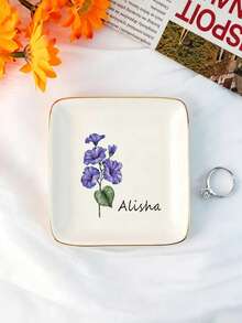 Custom Birthday Flower & Name Ceramic Jewelry Dish, Personalized Gold Rim Ring Holder Tray, Customized Gift For Women And Bridesmaids - White - View 2