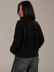 Women's Embroidered Horse Pattern Front Button Knit Cardigan, Round Neck Long Sleeve Black Soft Elastic Preppy Casual Autumn Outfit - Black - View 6