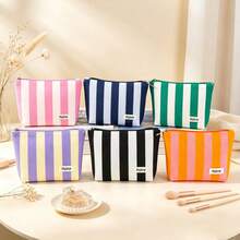 Canvas Makeup Bag, Color Block Striped Zipper Storage Pouch, Colorful Vertical Striped Thick Fabric Large Capacity Handheld Toiletry Bag, Travel Makeup And Skincare Storage Bag - Multicolor - View 2