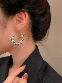 1 Pair Minimalist Fashion CCB Beaded Hoop Earrings Suitable For Women's Casual And Party Wear - Silver - View 5