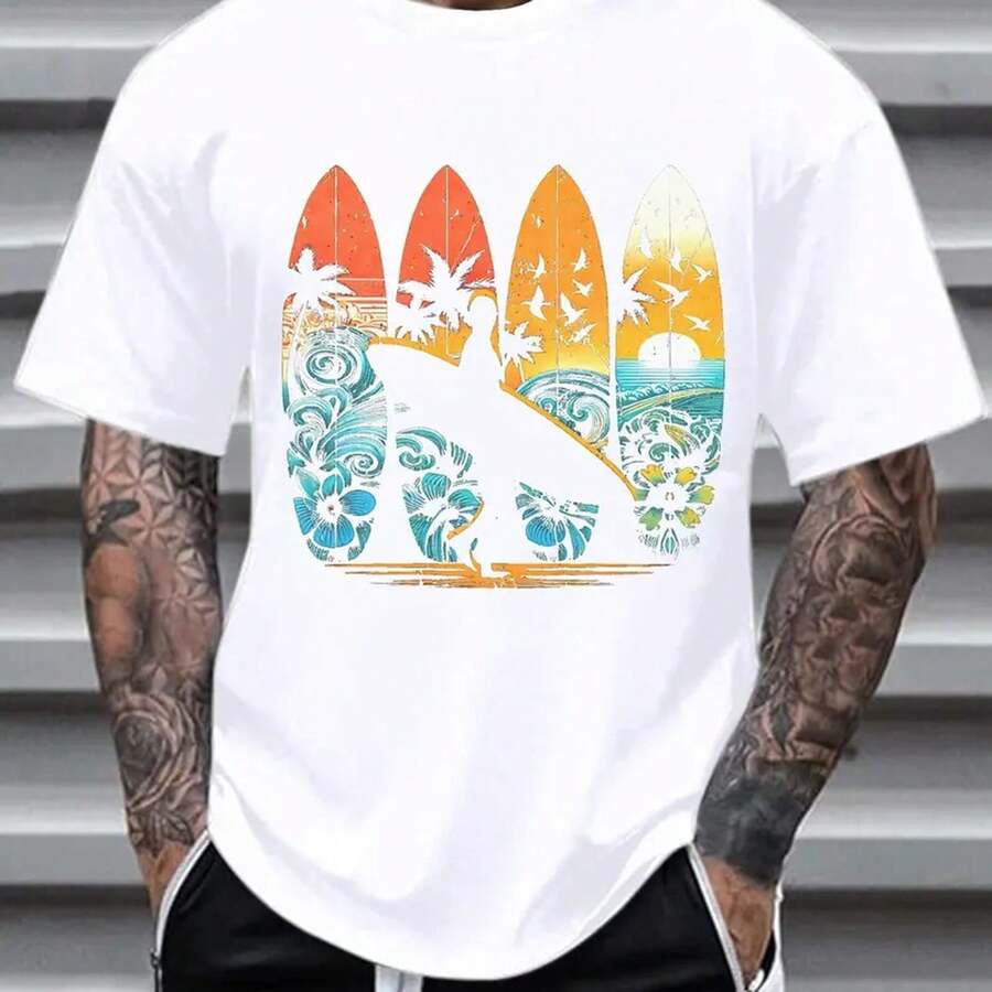 Lokales Lager, Herren-T-Shirt aus 100 % Baumwolle, Kurzarm, Motiv présente Retro hawaïen sur thème surf, Rundhals, lässige Passform