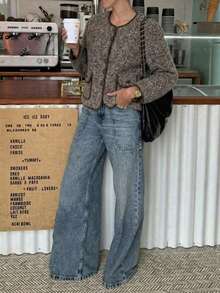 Cardigan Rajut Berbulu Cokelat Wanita, Sweater Lengan Panjang dengan Resleting Depan dan Kerah Tegak, Dilengkapi Saku Tempel dan Trim Bergaris, Cocok untuk Pakaian Musim Gugur/Musim Dingin yang Nyaman - Coffee Brown - View 5