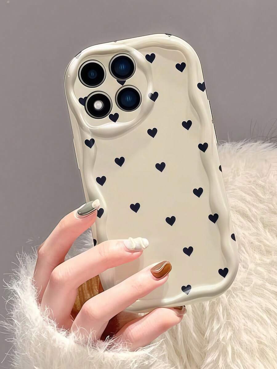 1pc Wavy Edge Navy Mini Heart Print Phone Case, Soft TPU Shockproof Protective Cover, Simple Heart Pattern Phone Case Compatible With Samsung, Moto, Series Phones - White - View 1