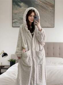 Soft Bubble Fleece Hooded Long Bathrobe, Loose Waist Tie Plush Warm Loungewear, Skin-Friendly Absorbent Women's Bathrobe, Bedroom And Bathroom Casual Homewear, Suitable For Holidays, Halloween, Back To School, Wedding Favors And Housewarming Gifts - Multicolor - View 8