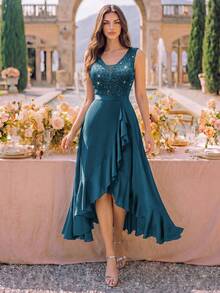 MIUSOL Deep V-Neck Lace Sequin Ruffle Hem High-Low Hem Chiffon Formal Party Maxi Dress, Suitable For Wedding Guest, Graduation Ceremony, Gala Spring - Dusty Blue - View 4