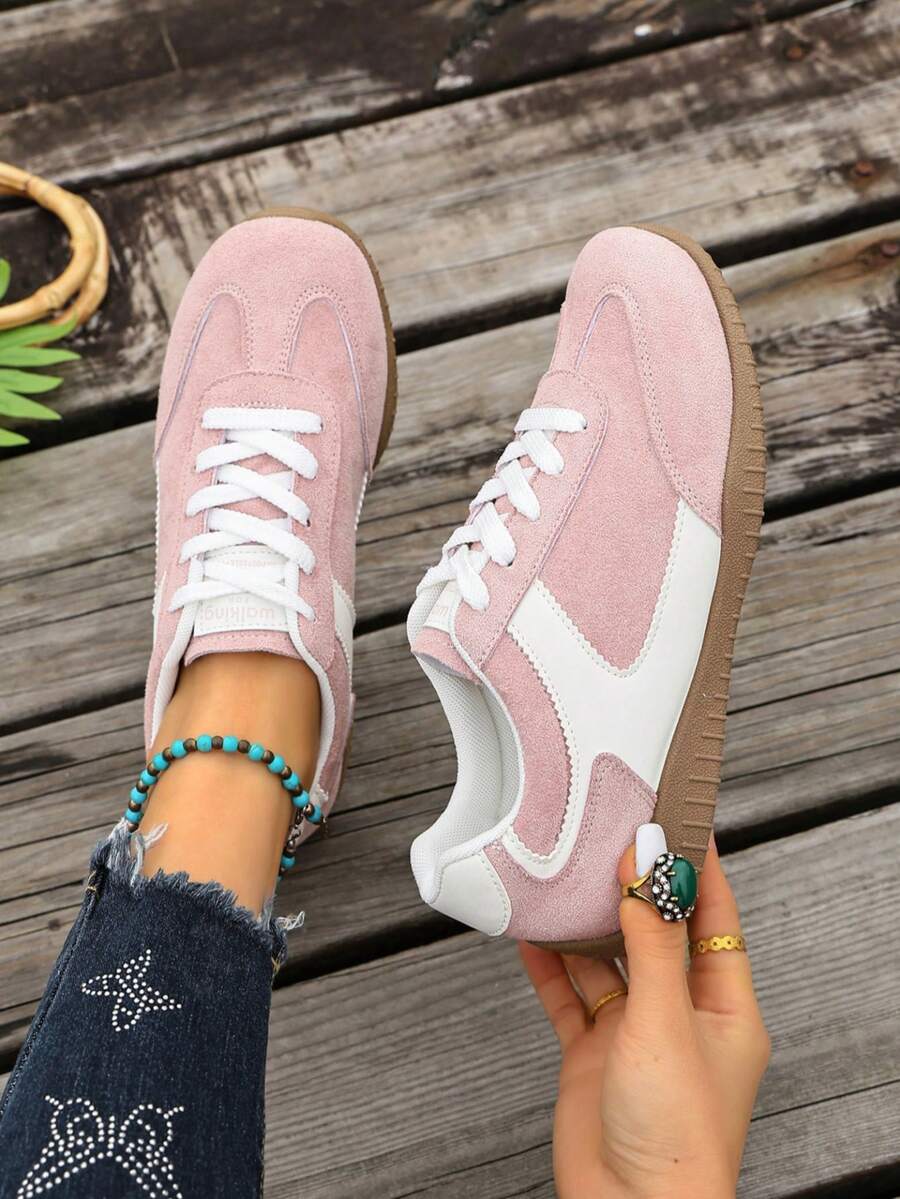 Sepatu Sneakers Retro dengan Desain Kontras yang Manis, Bagian Atas Suede Lembut, Sepatu Olahraga Ringan dan Serbaguna untuk Pelajar, Berbelanja & Bepergian - Berwarna merah muda - View 1