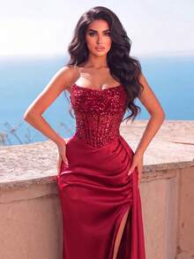 Faeriesty Women's Formal Red Sequin Satin Long Dress, Strapless Neckline, Waist-Cinched Design, High Thigh Slit, Suitable For Party - Burgundy - View 3