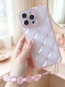 New Transparent Pink Rhinestone Diamond Pattern With Frosted Pink Beads Phone Lanyard Compatible With Apple 17 Pro Max/17e/16e/16 Pro Max/16/15/13/14 - Baby Pink - View 2