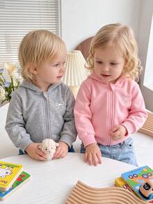 Baby Girls 2pcs Set Grey & Pink Bow Print Minimalist Long Sleeve Hooded Zip-Up Jacket, Solid Color Ribbed Cuffs Casual Fashion Outdoor Cardigan Top - Multicolor - View 11
