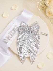 3pcs/1pc Bride Wedding Decoration BRIDE Shoulder Strap Bow Headpiece Set, Exquisite Elegant Princess Style Silver Shiny Hair Accessory Sash, Suitable For Engagement Party, Party Gathering, Wedding, Gift - Multicolor - View 8