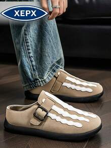 Khaki Men's Loafers Halloween New Color Striped Skull Closed-Toe Slippers Comfortable All-Season New Style Skate Shoes Men's Fashion Shoes Niche Design Slip-On British Style Shoes Business Casual Daily Walking Shoes, Vintage Round Toe Thick Sole Men's Formal Shoes Fashion Durable Casual Men's Shoes Plus Size Slouchy Shoes - Khaki - View 2