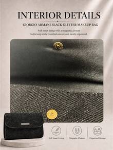 Giorgio Armani Armani Black Glitter Makeup Bag, Single Item, Magnetic Flip-Top, Exquisite Large Capacity, Perfect For Travel And On-The-Go Makeup Storage - Black - View 8
