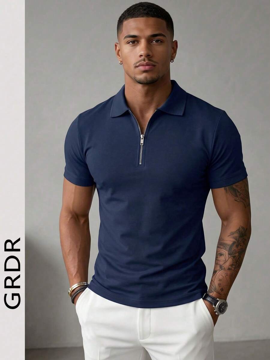 GRDR Men's Solid Color Short Sleeve Zipper Design Casual Versatile T-Shirt