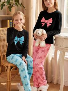 4pcs Girls Pajama Set, Elegant & Fashionable, Casual & Comfortable. The Set Includes 1 Black Long Sleeve Top With Bow Decor, 1 Bow Print Long Pants, And A Bow Decor Pajama Set, Suitable For Children And Girls To Wear At Home In Spring, Summer, Autumn And Winter. - Multicolor - View 1
