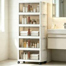 Armário Organizador Multiuso Dobrável 5 Andares Largura 48cm Cor Branco Creme, Portas Semitransparentes Fumê, Travas Laterais Empilháveis, Rodinhas Giratórias 360° com Sistema de Trava, Armazenamento à Prova de Poeira, Ideal para Roupas, Cosméticos, Brinquedos, Utensílios Domésticos, Livros,Quarto,  Cozinha e Sala - Visão 4