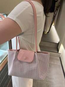 韓系小眾設計 Ins 風溫柔格紋女款托特包，極簡時尚通勤、外出、日常購物大容量學生百搭手提肩背包 - 粉色 - 查看 5
