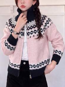 Women's Autumn/Winter Casual Cute Slouchy Retro Pattern Lapel Zipper Knit Cardigan Sweater Jacket Pink - Pink - View 3