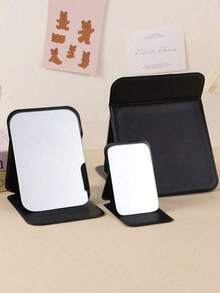 Miroir de maquillage pliable portable en faux, surface de miroir en verre haute définition - idéal pour le dortoir, les voyages et les cadeaux de beauté - Noir - Voir 3