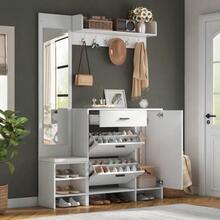 Hall Tree For Entryway, Including Shoe Cabinet, Mirror And Coat Hooks, Multifunctional Shoe Cabinet With Shoe Change Bench, For Hallway Entryway, White, 140x30x200cm - White - View 4