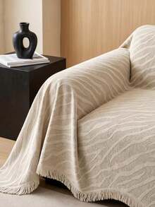 1pc Minimalist Striped Chenille Sofa Cover With Tassels, Machine Washable, All-Season Sofa Slipcover, Dust-Proof Furniture Protector, Pet-Friendly, Perfect For Home Decor - Beige - View 7