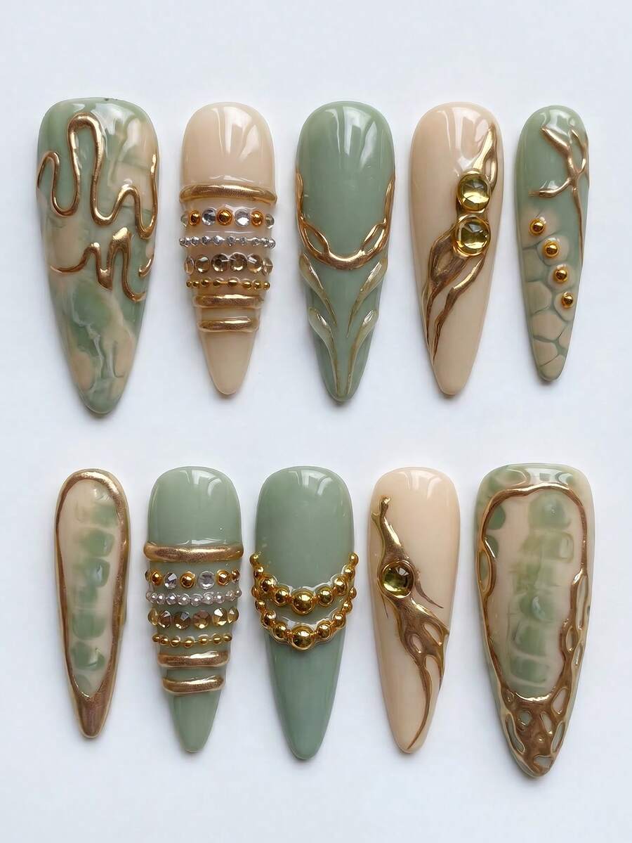 10pcs Handmade Long Pointed Press-On Nails, Y2K Liquid Gold Swirl Layered French Tip, With Nail Art Decor, Removable And Reusable Nail Set (Includes Jelly Glue And Nail File) - Yellow-green - View 1