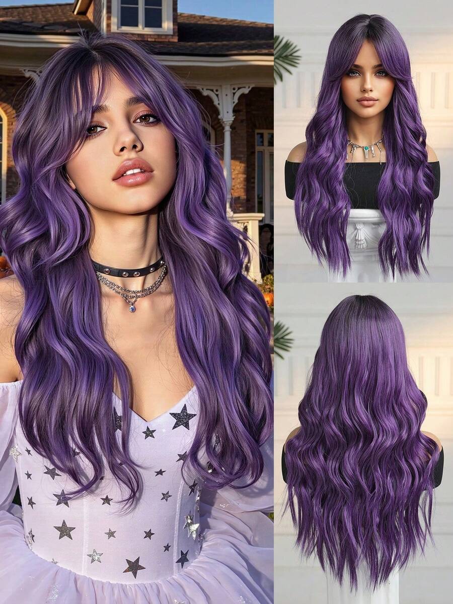 24 Inch Long Body Wave Purple Wig With Curtain Bangs, Heat Resistant Synthetic Wig Dark Black Root Violet Loose Curly Wigs For Women, Natural Looking Fashion Wig For Daily Party Cosplay - Multicolor - View 1